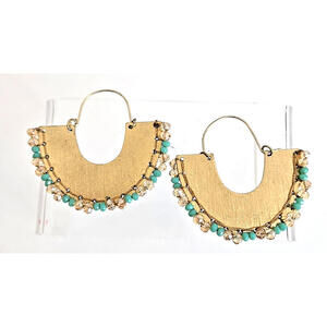 Anthropologie Beaded Crescent Hoop Matte Gold Earrings Approx 2" in Width